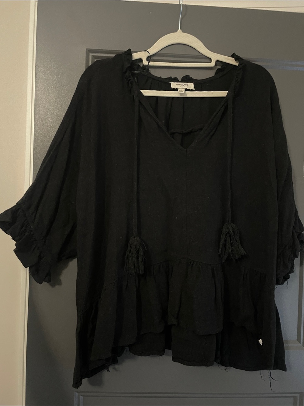 Umgee Black Tassel V-Neck Blouse